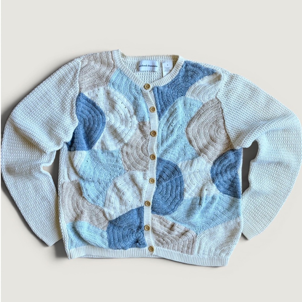 Alfred Dunner Crochet Patchwork Cardigan Blue Grannycore Cottagecore Small VTG